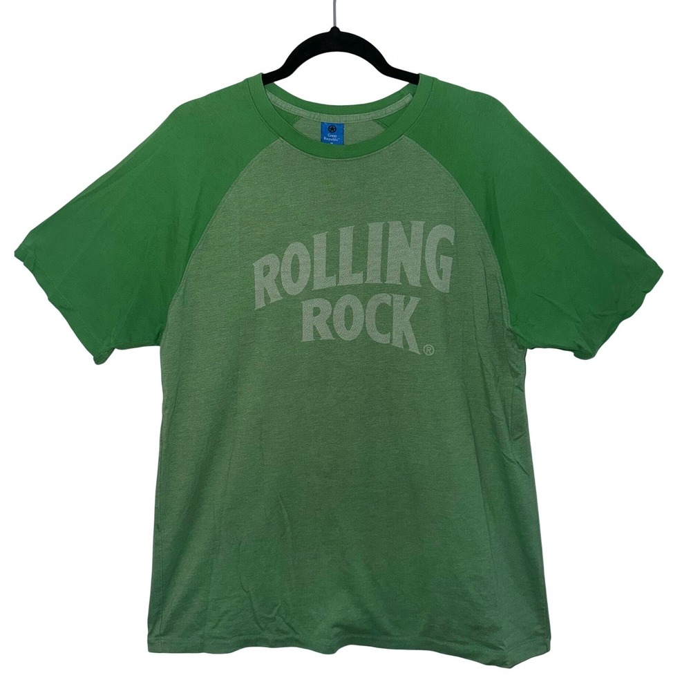 Vintage Raglan Rolling Rock T-Shirt Mens Medium Green Graphic Tee Retro